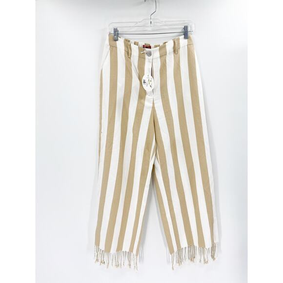 Staud Zuma Cabana Stripe Fringe Hem Beige White Cotton & Linen Pants Size 10 NWT - Picture 3 of 6